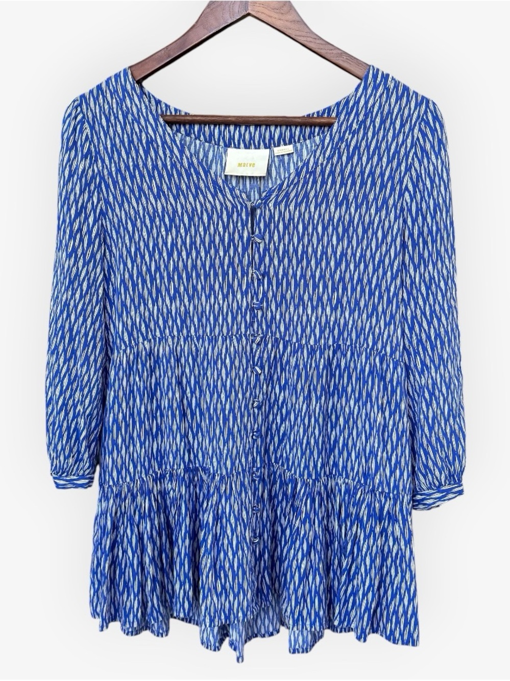 Maeve Anthropologie Lila Tiered Swing Tunic Blouse Blue Geometric Peplum Top XS